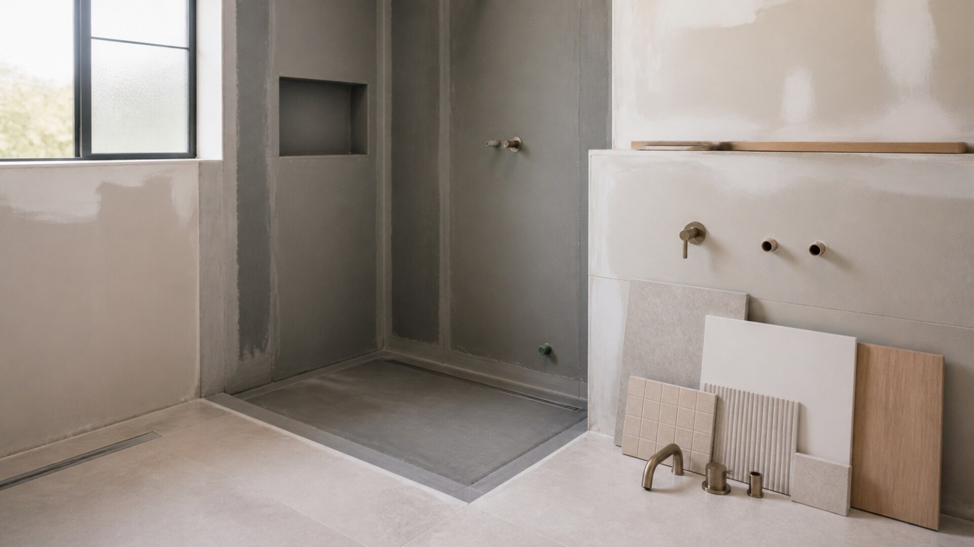 Bathroom during renovation with waterproofing and tile samples visible