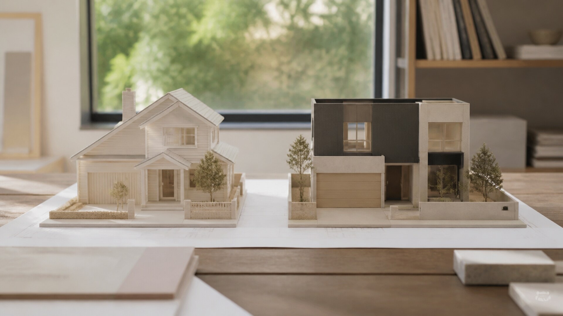 Two contrasting home models arranged for comparison