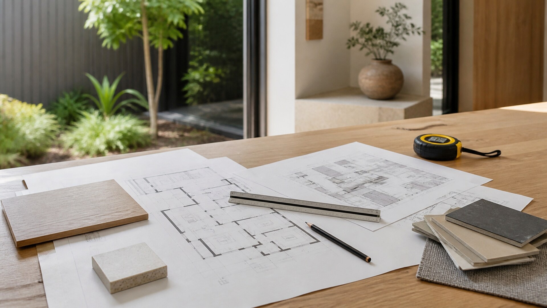Floor plans, material samples and measuring tools on a table