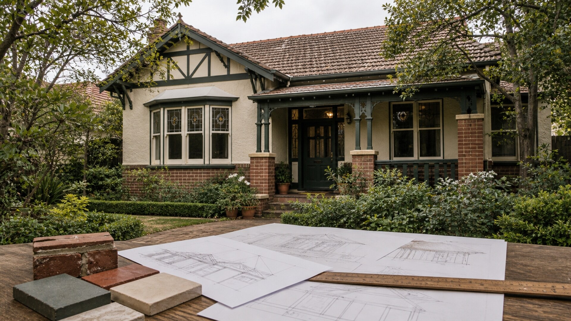Federation-style home with plans and material samples in the foreground