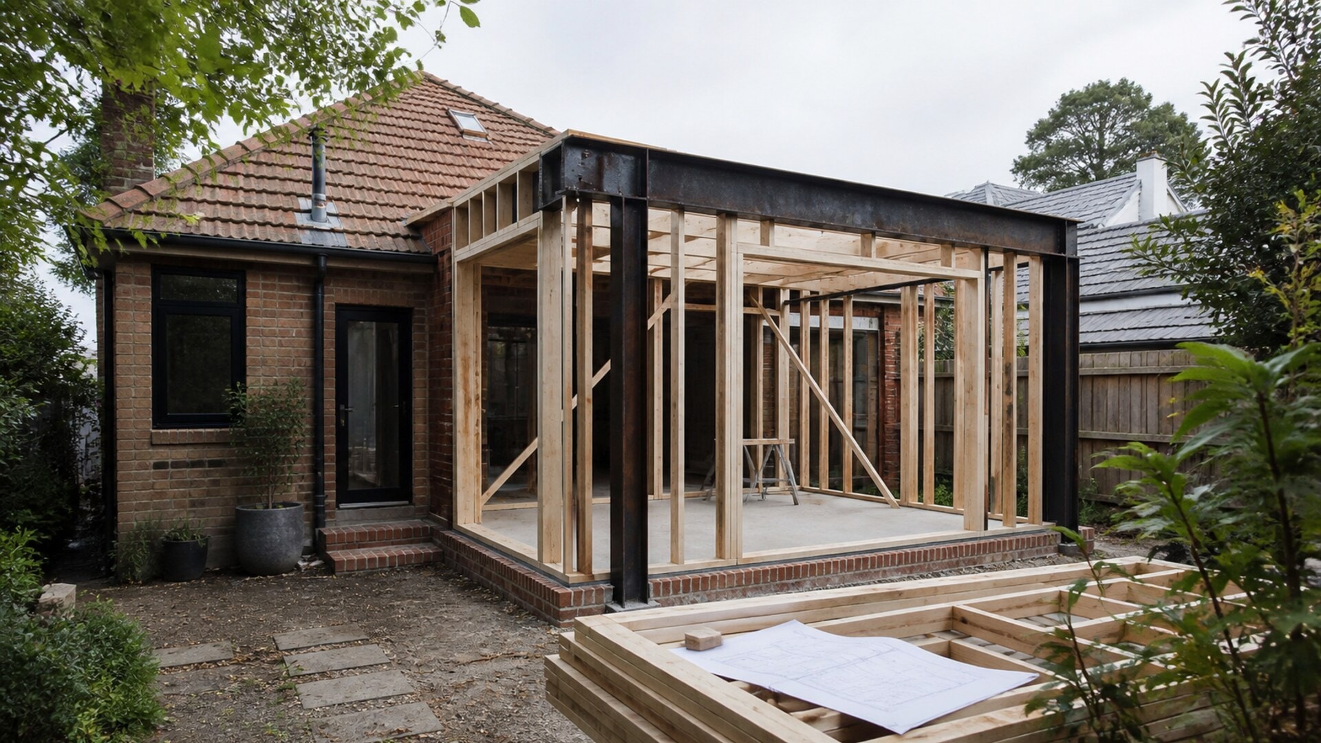 Timber framing for a rear home extension beside the existing house