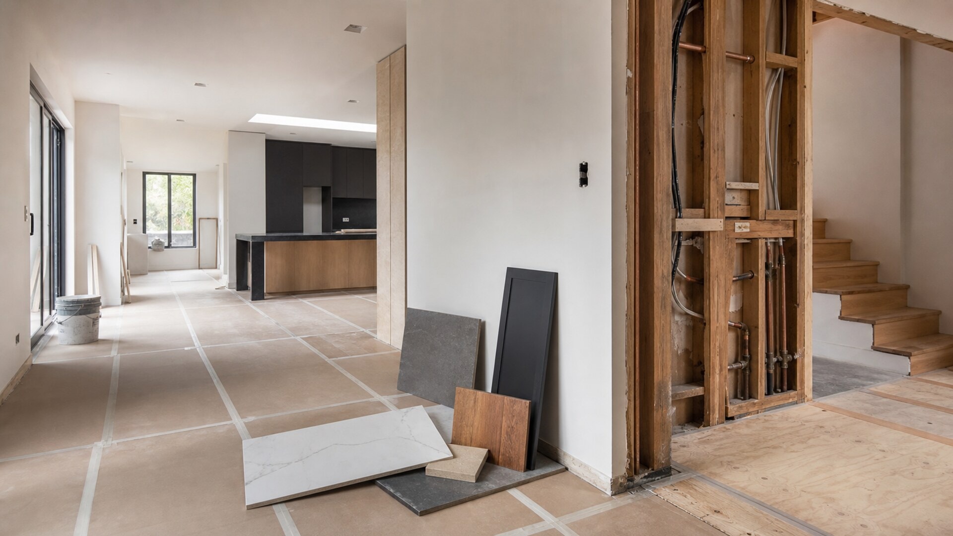 Home interior during renovation with an exposed wall and new finishes