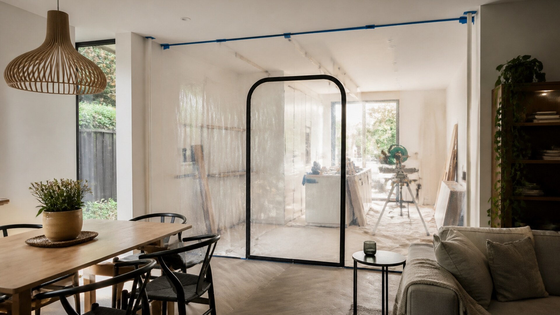 Living area separated from renovation work by a clear dust barrier