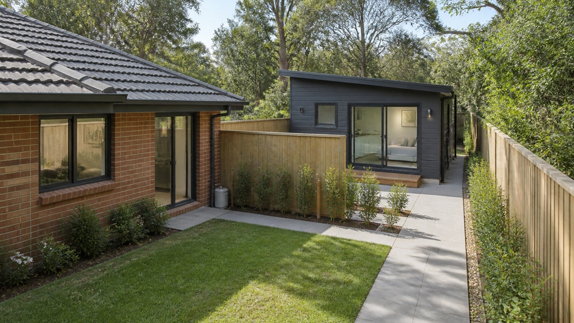 Main home and granny flat arranged around a shared backyard