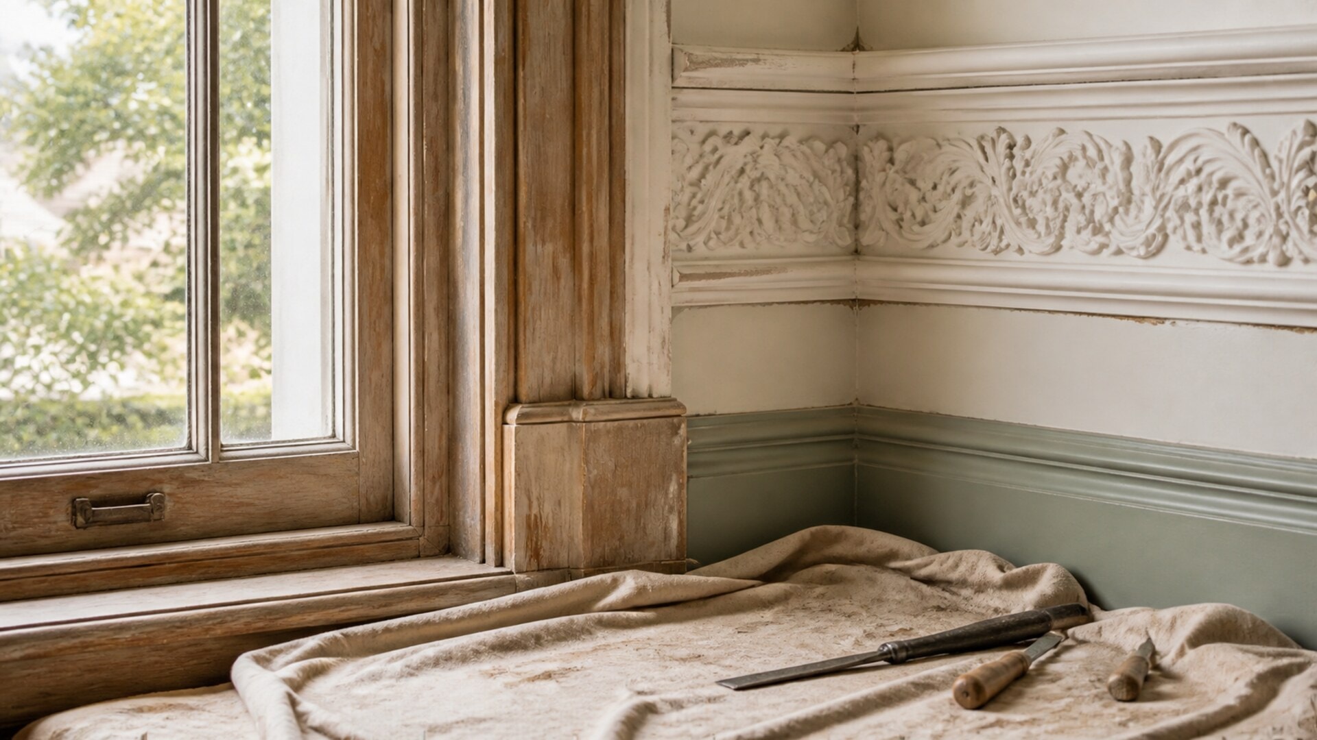 Original timber window and decorative plasterwork prepared for repair